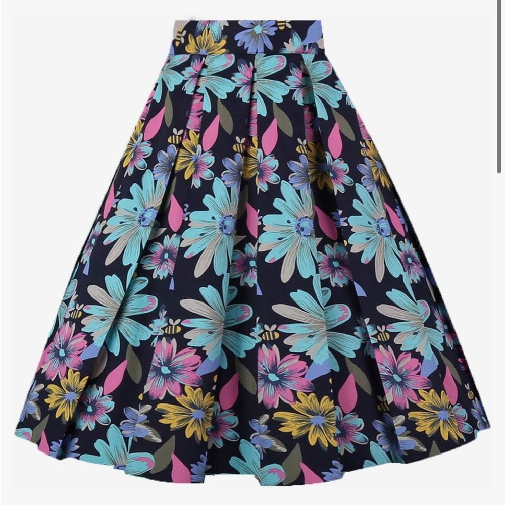 Floral Midi Skirt in Navy with Multicolor Blossoms